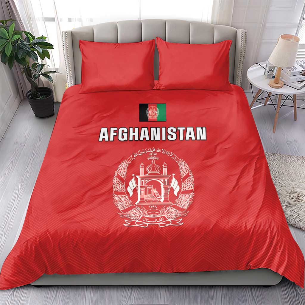 Afghanistan cricket bedding set red comforter with Afghanistan text and white emblem, two pillows