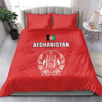 Afghanistan cricket bedding set red comforter with Afghanistan text and white emblem, two pillows