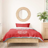 Afghanistan cricket bedding set red duvet with Afghanistan text and crest, shown on bed