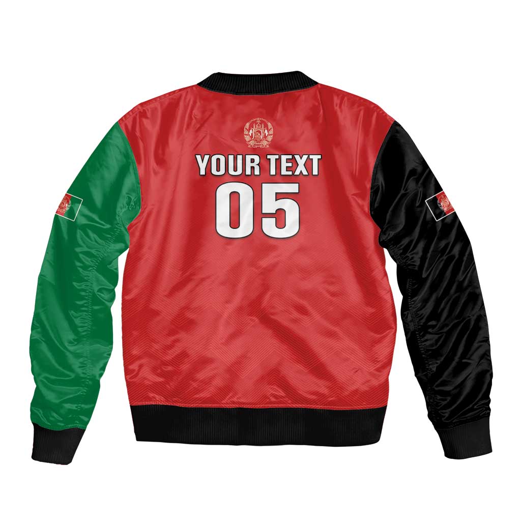 Cricket bomber jacket back with ribbed hem, red-black-green, 'YOUR TEXT' and '05' print