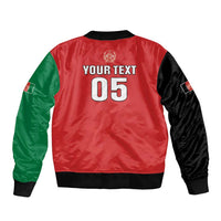 Cricket bomber jacket back with ribbed hem, red-black-green, 'YOUR TEXT' and '05' print