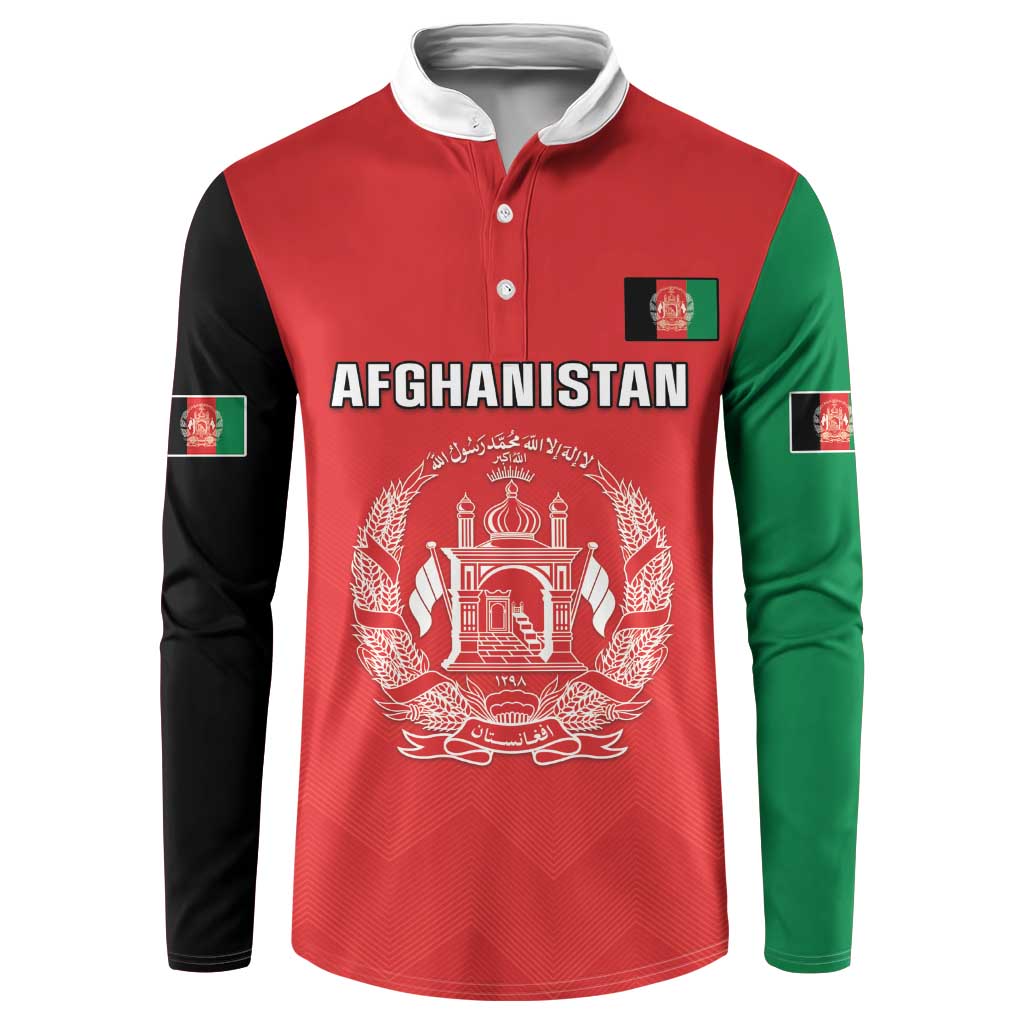 Red cricket button sweatshirt with green/black sleeves and Afghanistan crest front print