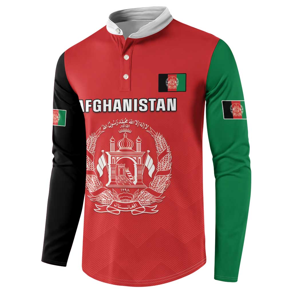 Red cricket button sweatshirt with green/black sleeves, Afghanistan text and crest front