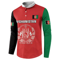 Red cricket button sweatshirt with green/black sleeves, Afghanistan text and crest front