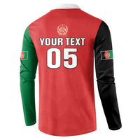 Back of red cricket sweatshirt with green/black sleeves, YOUR TEXT 05 and crest