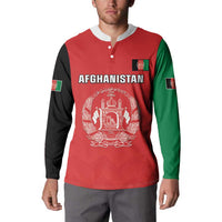 Red cricket button sweatshirt with green/black sleeves, Afghanistan crest and front emblem