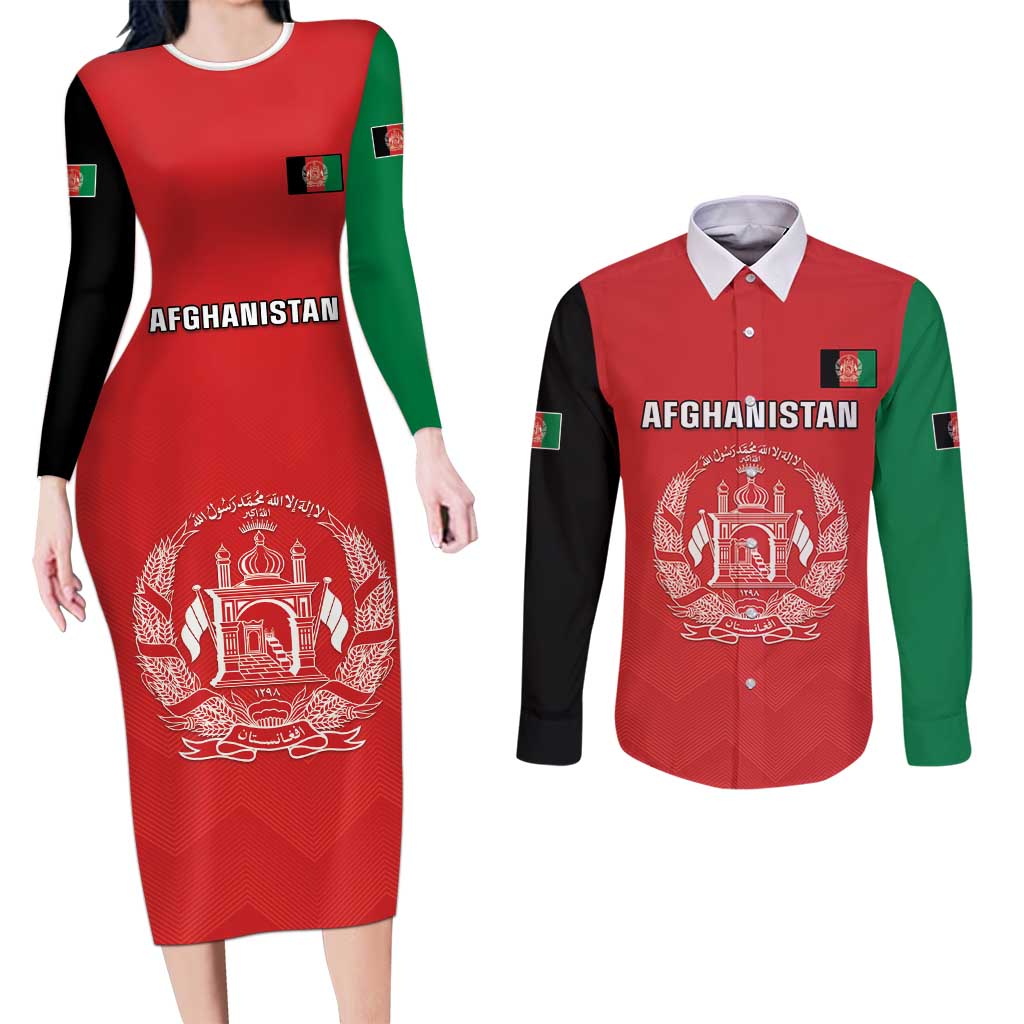 Custom Afghanistan Cricket Couples Matching Long Sleeve Bodycon Dress and Long Sleeve Button Shirt Flag Style LT05 - Wonder Print Shop