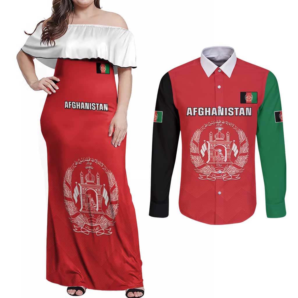 Custom Afghanistan Cricket Couples Matching Off Shoulder Maxi Dress and Long Sleeve Button Shirt Flag Style LT05 - Wonder Print Shop