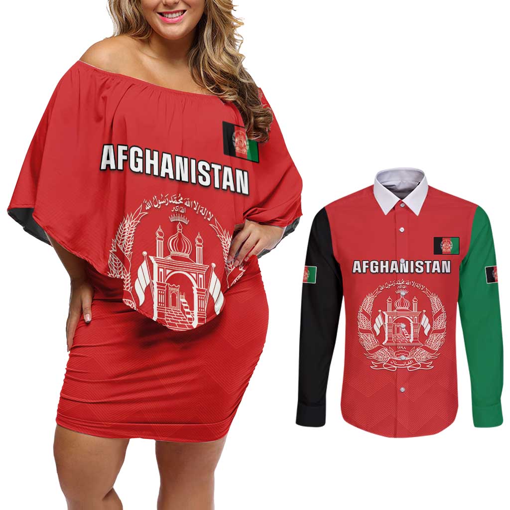 Custom Afghanistan Cricket Couples Matching Off Shoulder Short Dress and Long Sleeve Button Shirt Flag Style LT05 - Wonder Print Shop