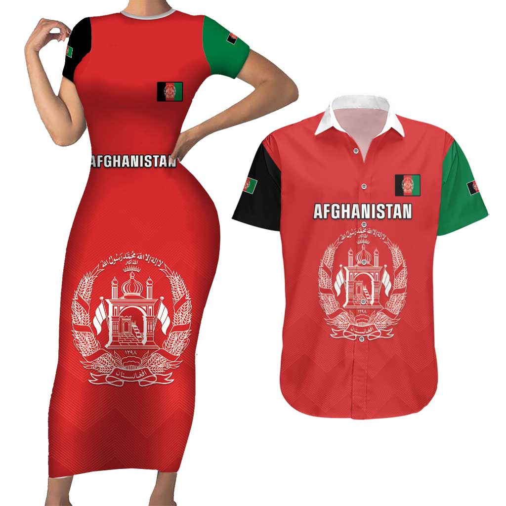 Custom Afghanistan Cricket Couples Matching Short Sleeve Bodycon Dress and Hawaiian Shirt Flag Style LT05 - Wonder Print Shop