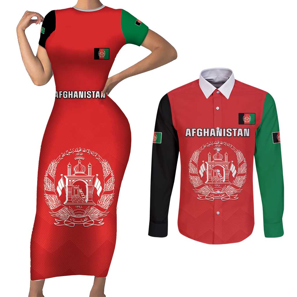 Custom Afghanistan Cricket Couples Matching Short Sleeve Bodycon Dress and Long Sleeve Button Shirt Flag Style LT05 - Wonder Print Shop