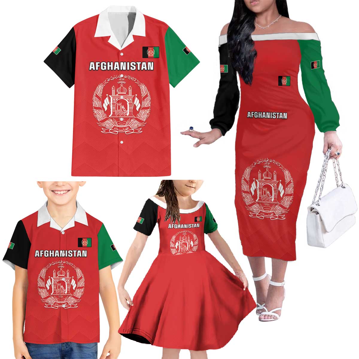 Custom Afghanistan Cricket Family Matching Off The Shoulder Long Sleeve Dress and Hawaiian Shirt Flag Style LT05 - Wonder Print Shop