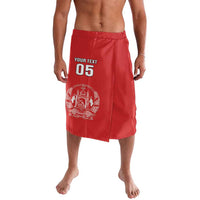 Red knee-length lavalava shorts with front 'YOUR TEXT 05' and crest print
