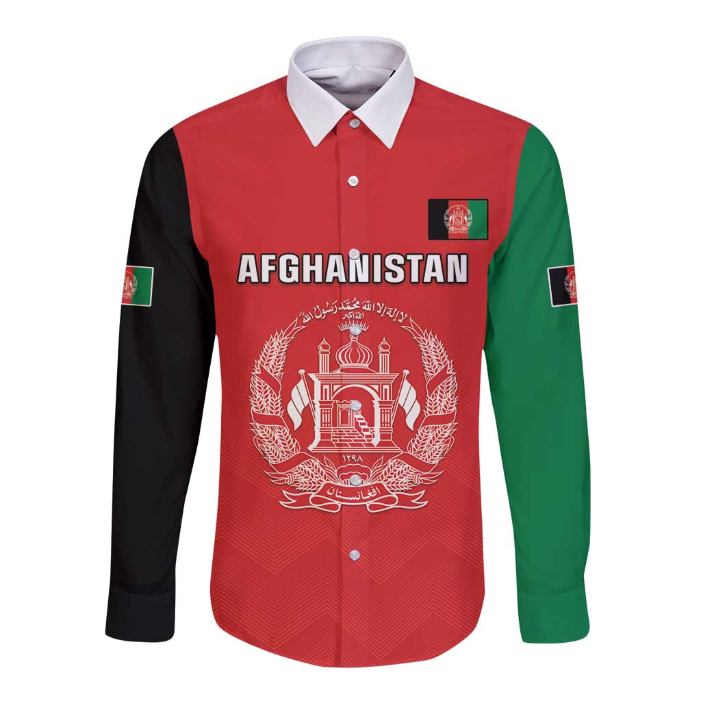 Long-sleeve button shirt, flag-style graphic; red body with green/black sleeves
