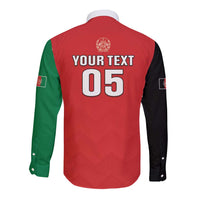 Long-sleeve button shirt, back print "YOUR TEXT 05"; red with green and black sleeves