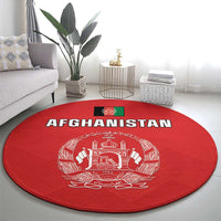 Red round rug with Afghanistan flag-style emblem and 'AFGHANISTAN' lettering