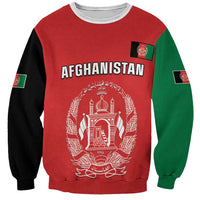 Red and green unisex sweatshirt with black sleeves, Afghanistan crest and wreath front graphic