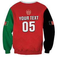 Red unisex sweatshirt with black and green sleeves, "YOUR TEXT 05" back print graphic