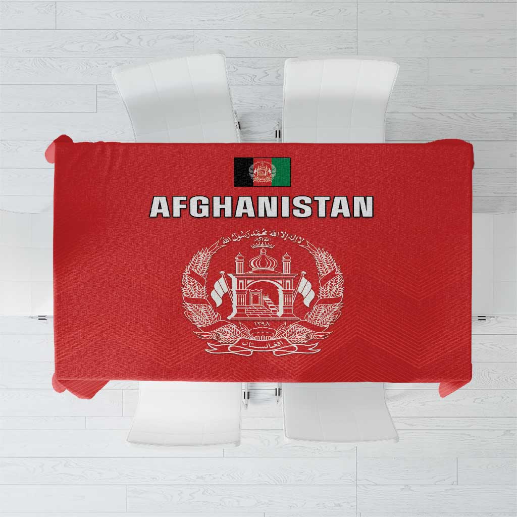 Red Afghanistan flag style tablecloth with crest and “AFGHANISTAN” text centered