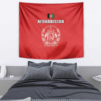 Red Afghanistan flag tapestry with centered Afghanistan lettering and white crest