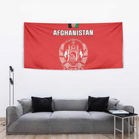 Red Afghanistan flag tapestry with Afghanistan wordmark and white crest emblem