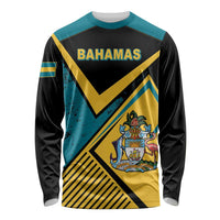 Unisex long-sleeve pullover shirt in black with teal and yellow Bahamas graphic