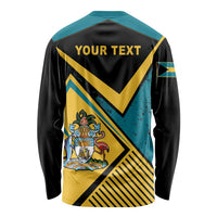 Unisex long-sleeve pullover shirt with back 'YOUR TEXT' and crest in black teal yellow