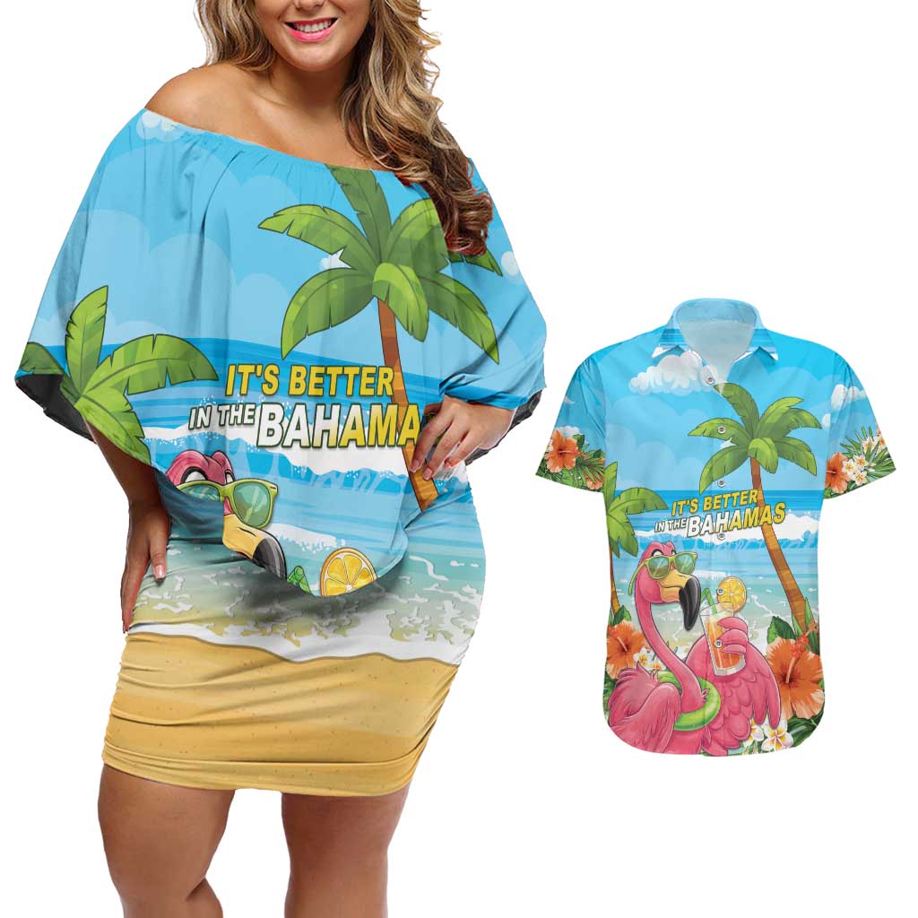 Bahamas Beach Couples Matching Off Shoulder Short Dress and Hawaiian Shirt Welcome To Paradise