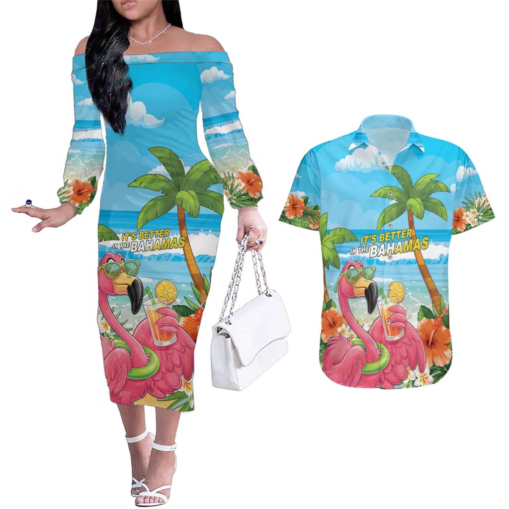 Bahamas Beach Couples Matching Off The Shoulder Long Sleeve Dress and Hawaiian Shirt Welcome To Paradise