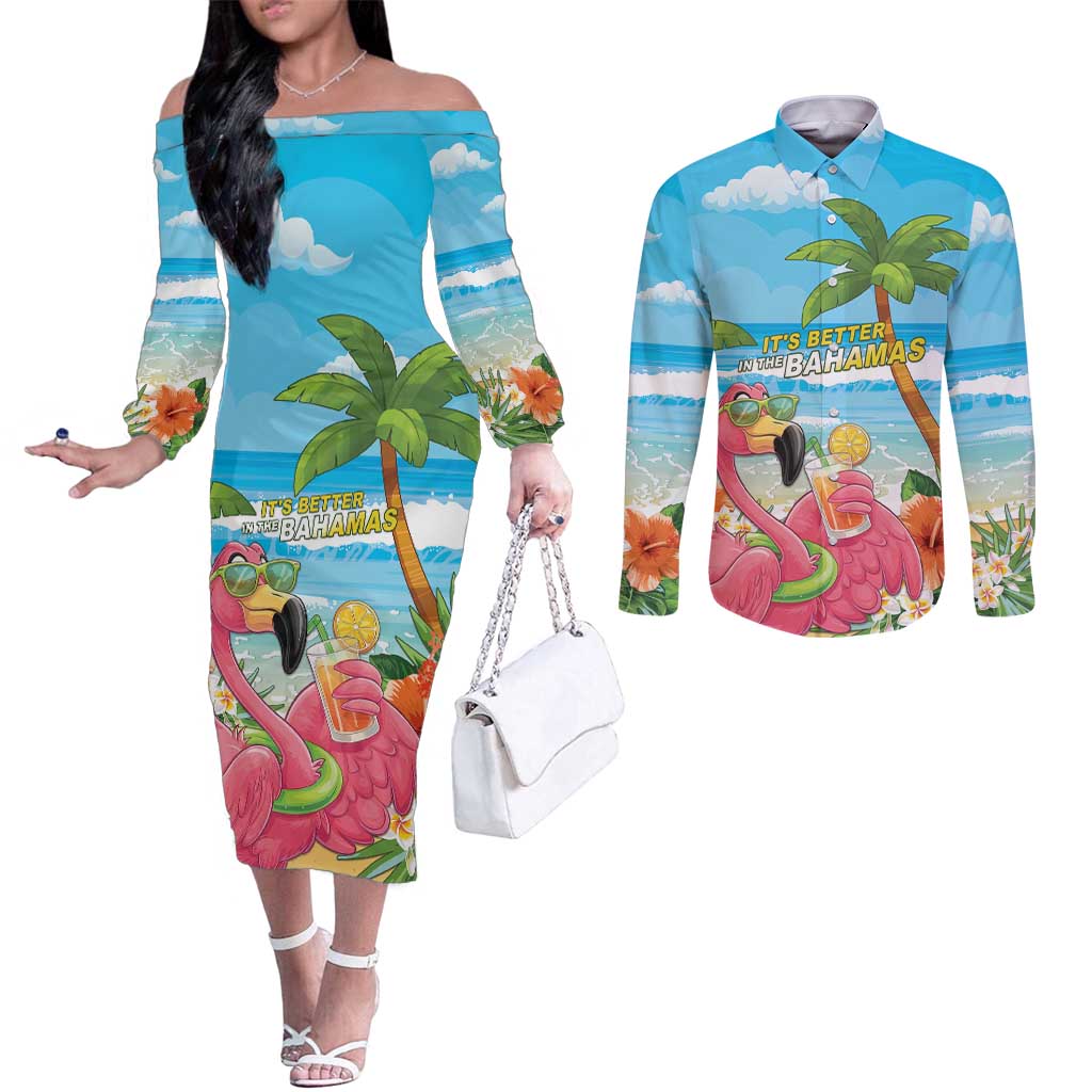 Bahamas Beach Couples Matching Off The Shoulder Long Sleeve Dress and Long Sleeve Button Shirt Welcome To Paradise