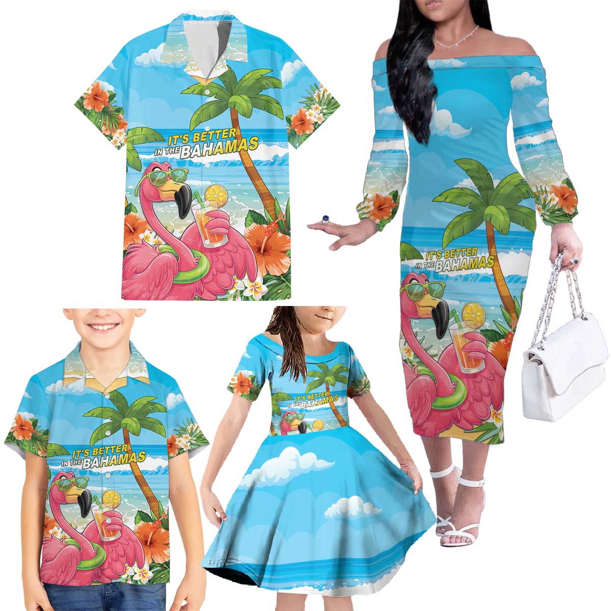 Bahamas Beach Family Matching Off The Shoulder Long Sleeve Dress and Hawaiian Shirt Welcome To Paradise