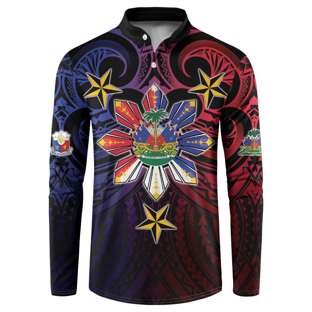 Haiti Philippines Button Sweatshirt Haitian Coat Of Arms With Filipino Sun