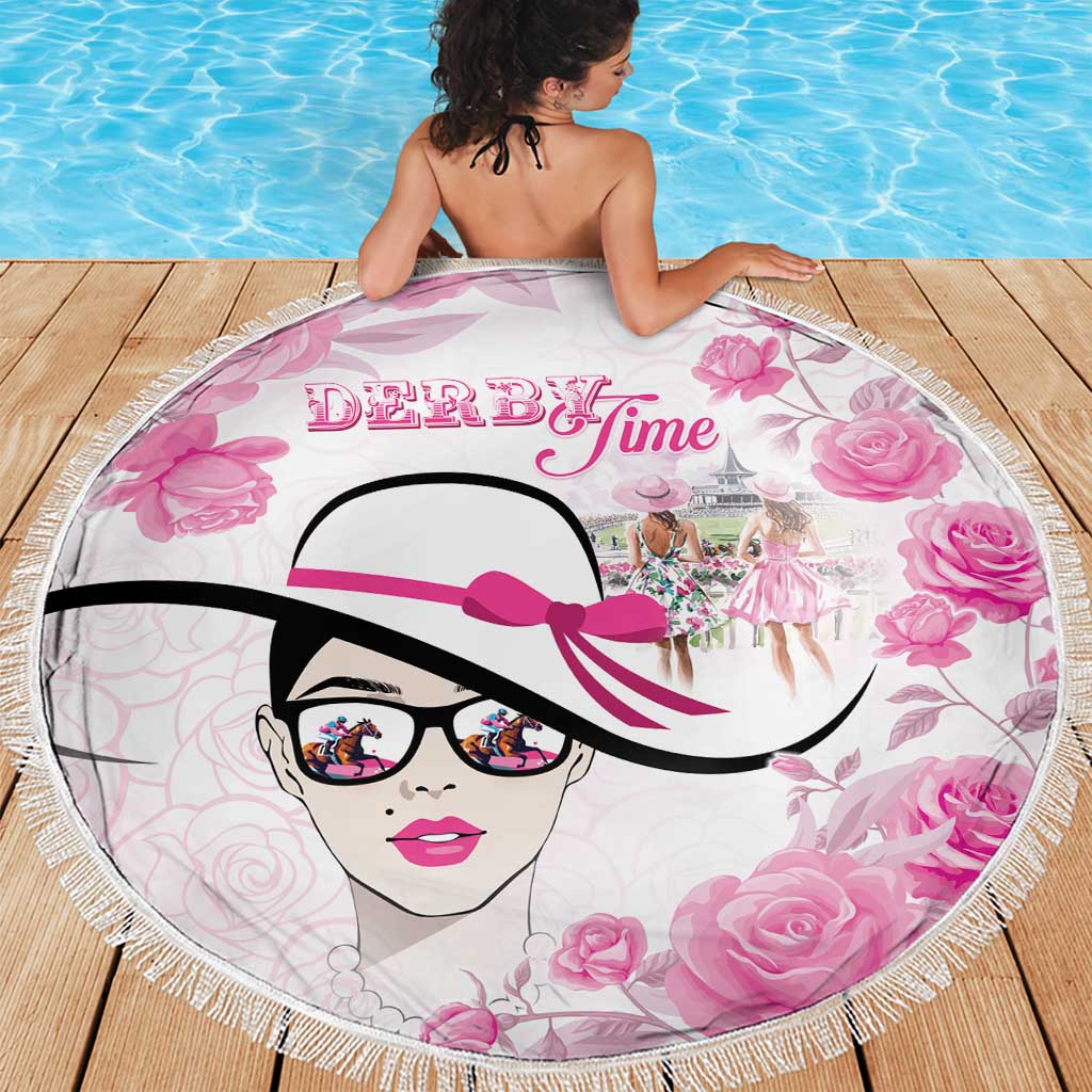 Pink round beach blanket with fringed edge, lady face print, roses and bow