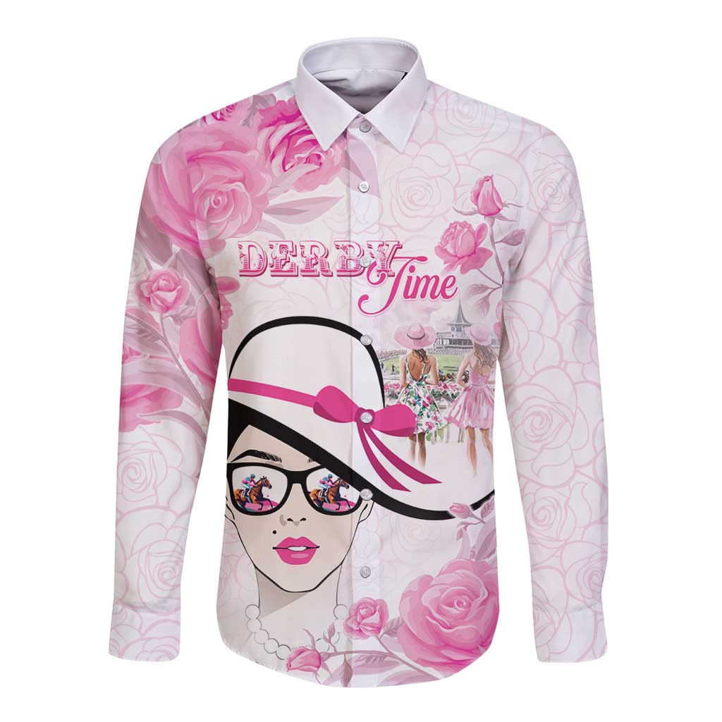 Pink and white long sleeve button shirt with rose print and Derby Time graphic