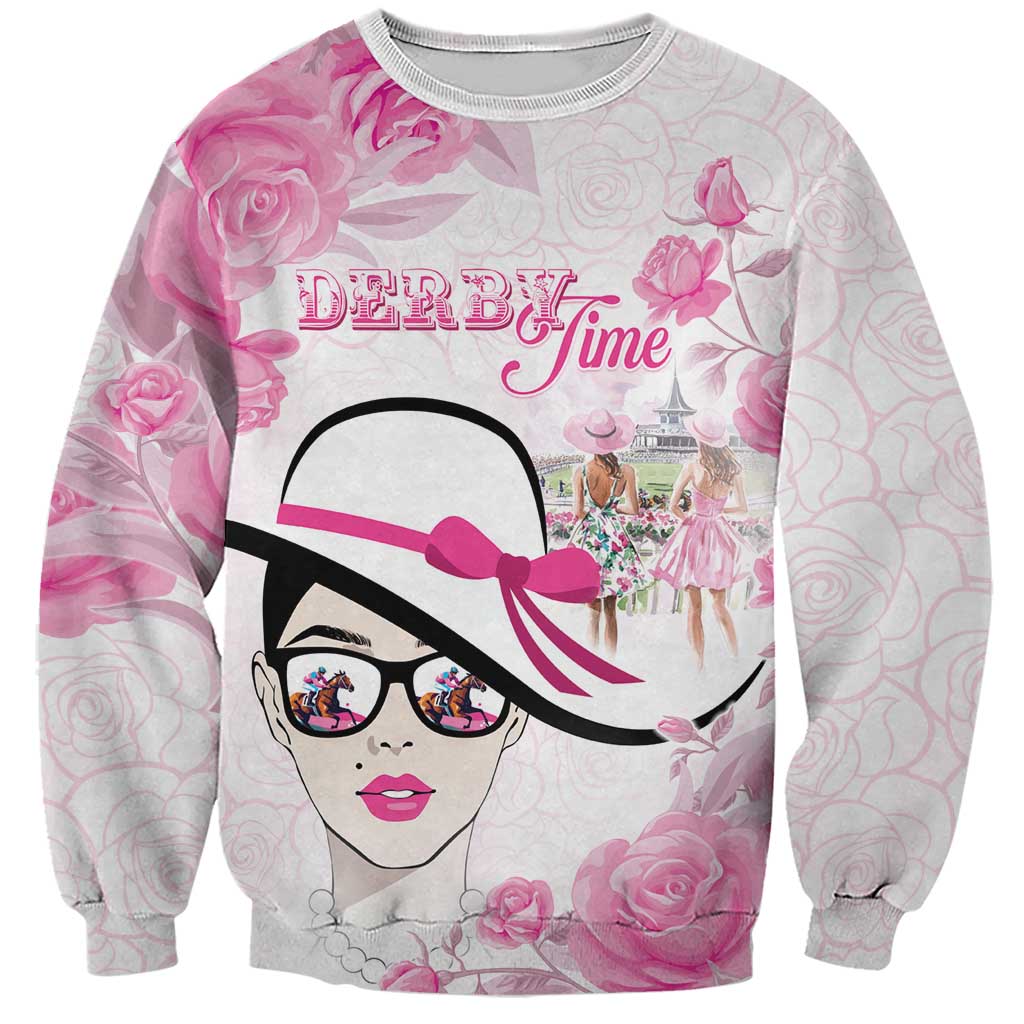 Pink floral sweatshirt with horse-racing graphic and sunglasses face