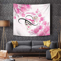 Pink floral tapestry with stylized woman portrait, roses, and Dream Time text