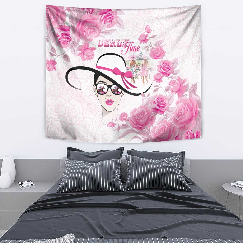 Pink rose tapestry featuring a stylized woman with glasses, bow, and Dream Time text