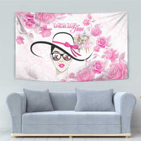 Pink rose tapestry with stylized woman portrait, bow, and Dream Time text across the top