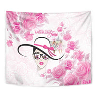 Pink rose tapestry close-up with stylized woman face, bow, and Dream Time text