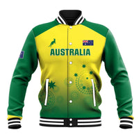 Green and yellow Australia baseball jacket with striped collar and front snap buttons