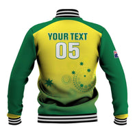 Green and yellow baseball jacket back with YOUR TEXT and 05, striped ribbed hem