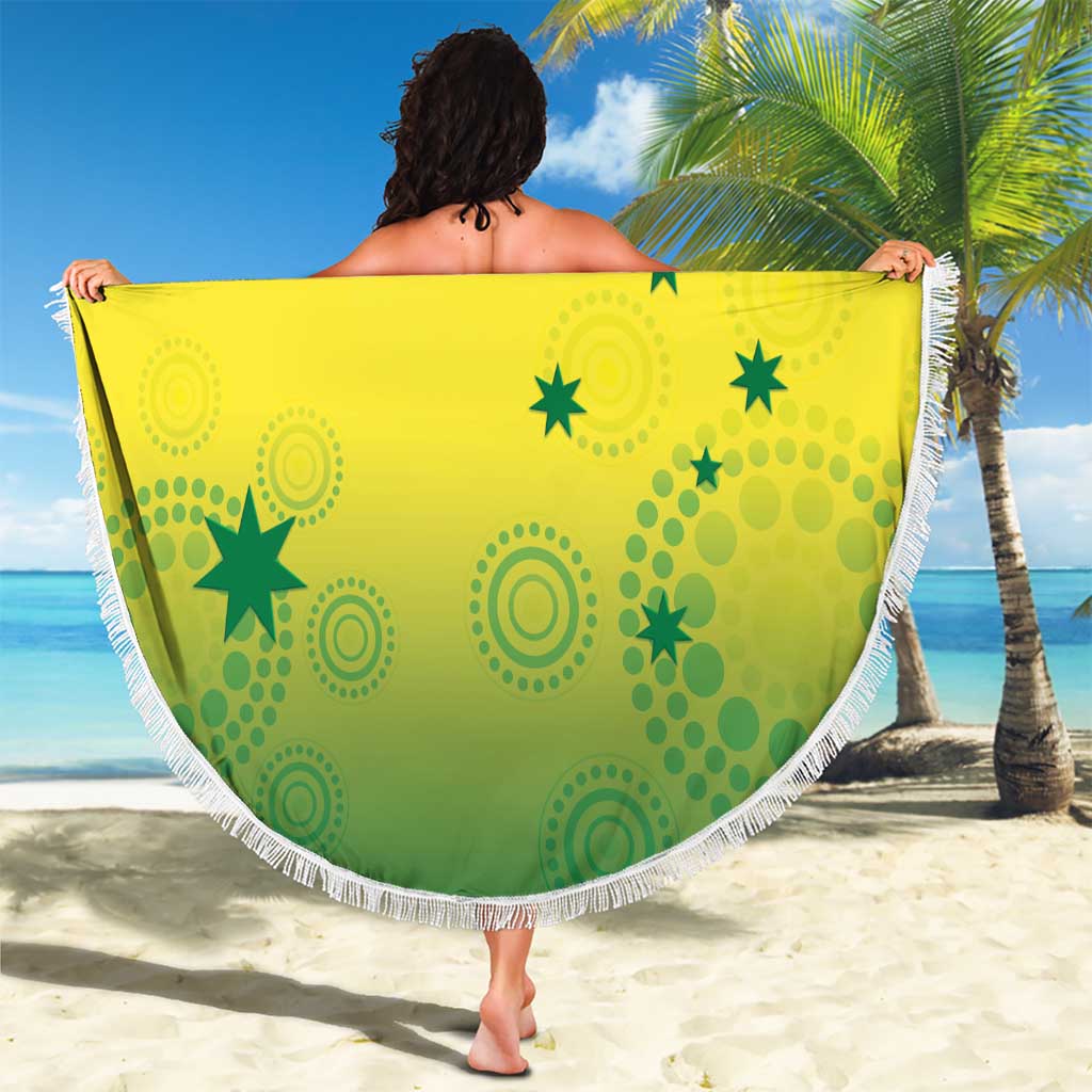 Round yellow beach blanket with green Australia design and white tassel fringe edge