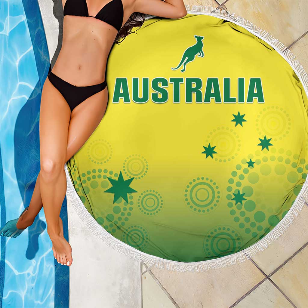 Round yellow beach blanket with green Australia graphic and white fringed trim