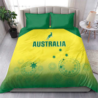 Australia duvet cover and two green pillows, yellow panel with AUSTRALIA and stars