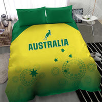 Green and yellow duvet cover with AUSTRALIA text, kangaroo silhouette, and star accents