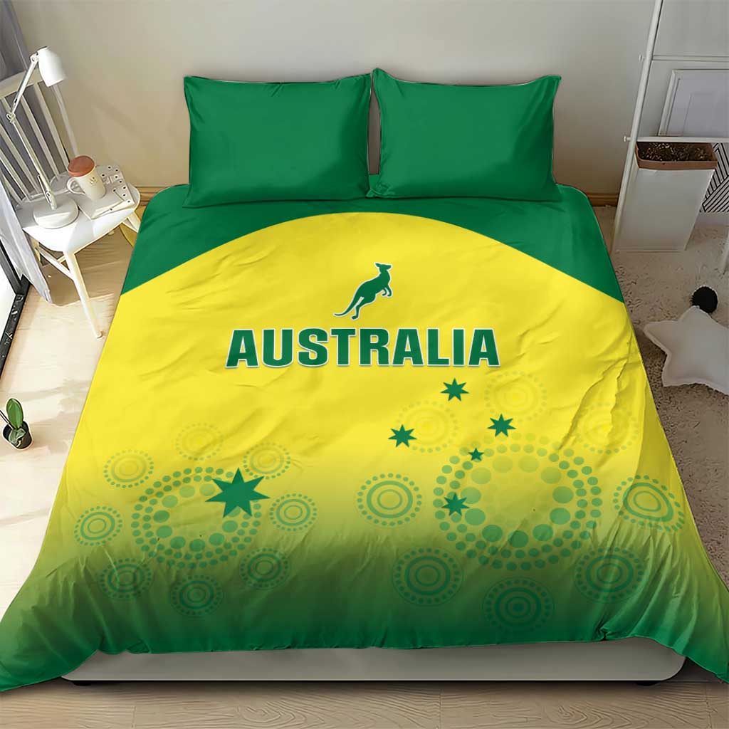 Front view of green and yellow bedding set with kangaroo over AUSTRALIA lettering
