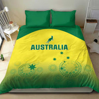 Front view of green and yellow bedding set with kangaroo over AUSTRALIA lettering