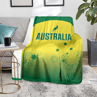 Custom Australia cricket blanket, green-and-yellow with kangaroo and Australia lettering, laid on rug