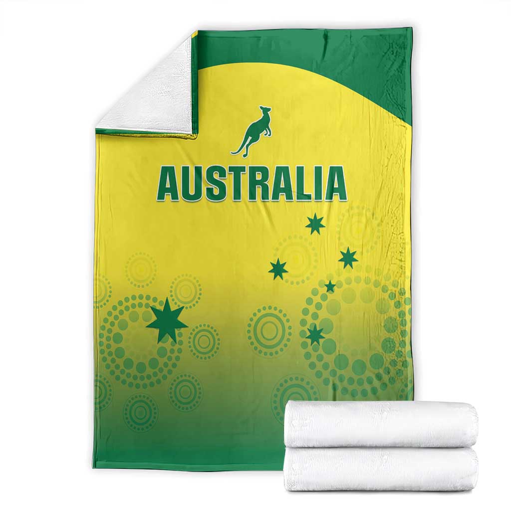 Custom Australia cricket blanket, green-and-yellow kangaroo and Australia text, folded with rolled towels