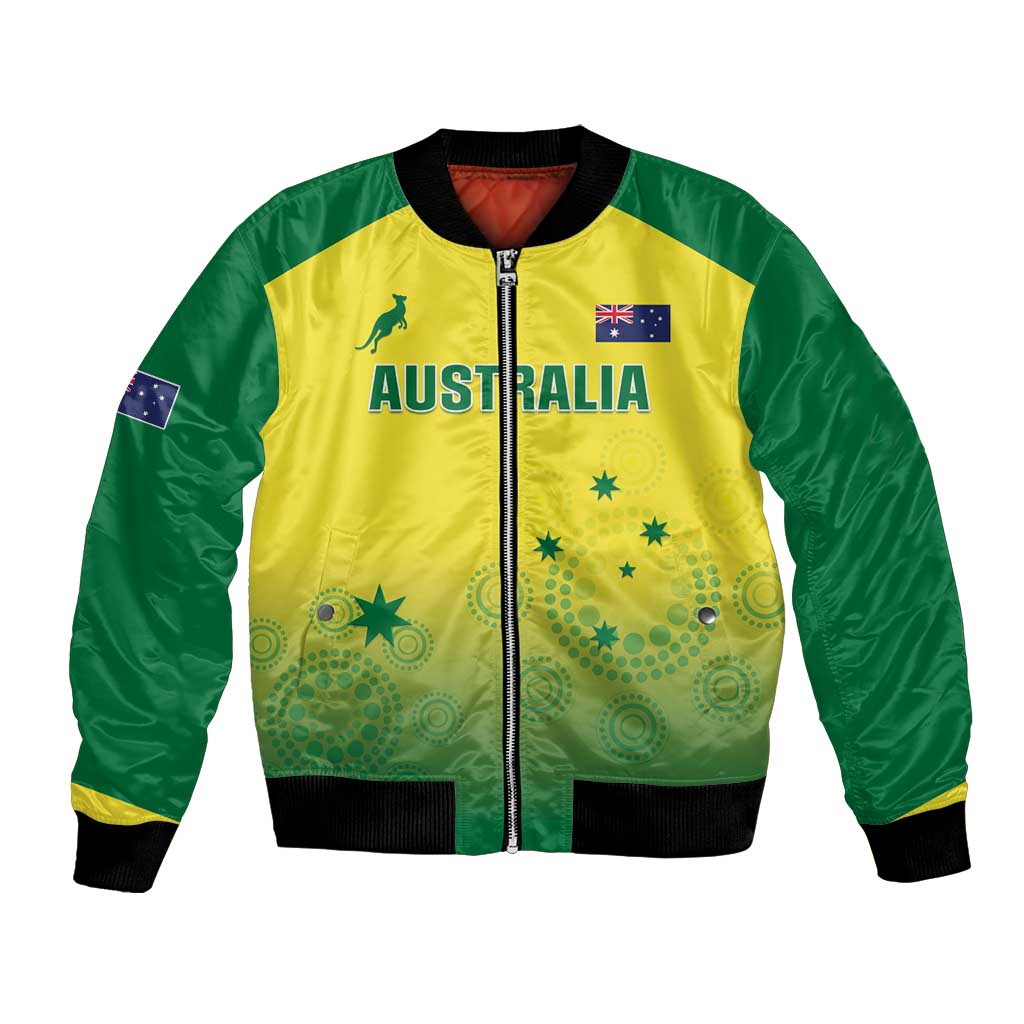Yellow and green bomber jacket with full-zip and Australia front graphic, ribbed cuffs